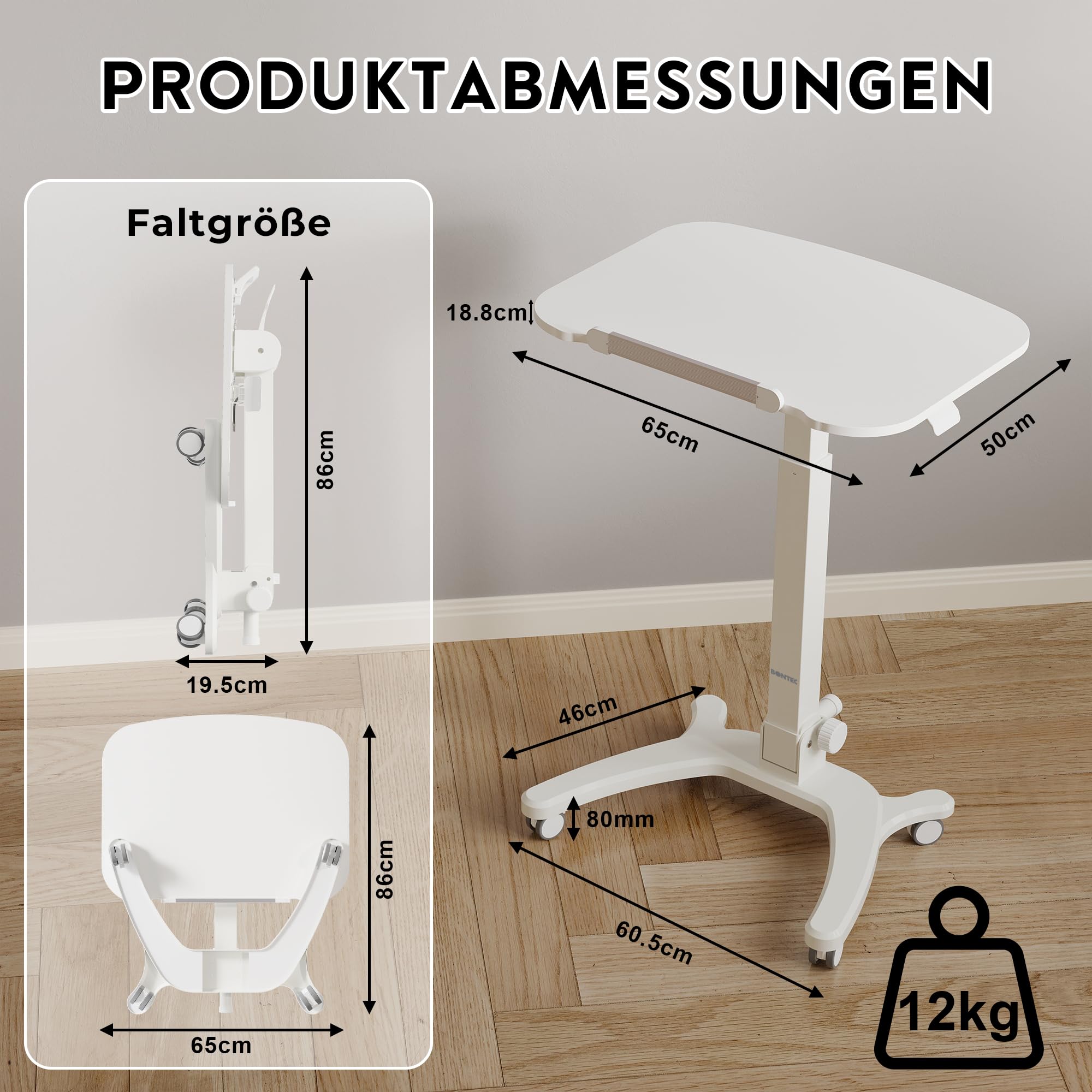 BONTEC Klappbarer Computertisch 65x50 cm, Höhenverstellbar mit 4 Rollen, Laptoptisch, Faltbar, Beistelltisch für Büro, Wohnzimmer, Schlafzimmer, bis 12 kg, Ideal für Heimarbeit und kleine Räume