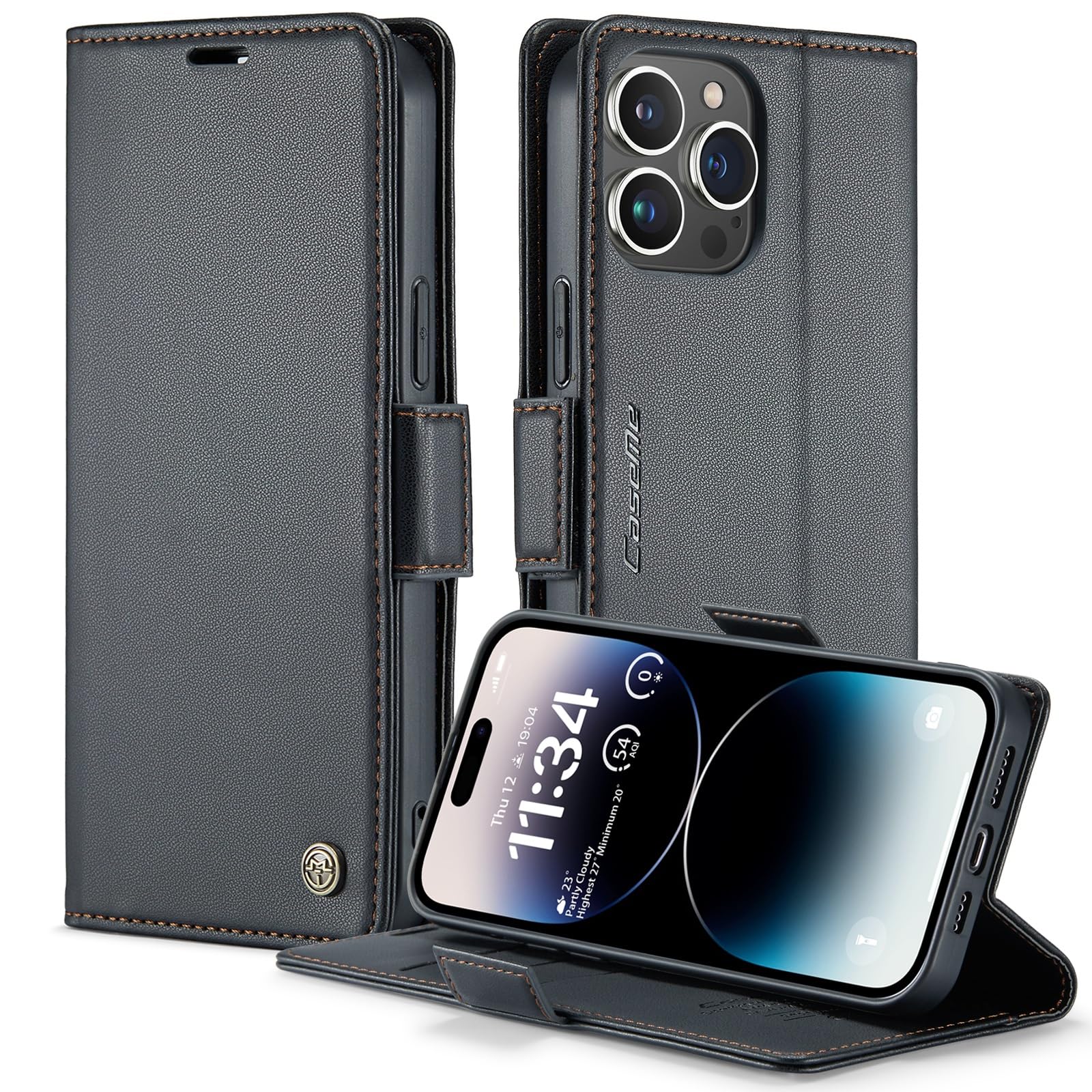 CASE.ME 023 [RFID Blocking] PU Leather Wallet Flip Folio Case with Card Holder Kickstand Shockproof Apple Phone Cover (Black, Apple iPhone 14 Pro Max)