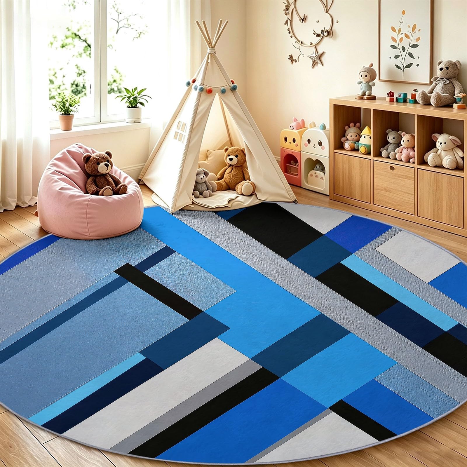 Nowoczesny dywan 160 cm - można prać w pralce i antypoślizgowy - idealny do obszarów o dużym natężeniu przejścia, dywan z krótkim włosiem kolorowe geometryczne klocki w paski do salonu, jadalni