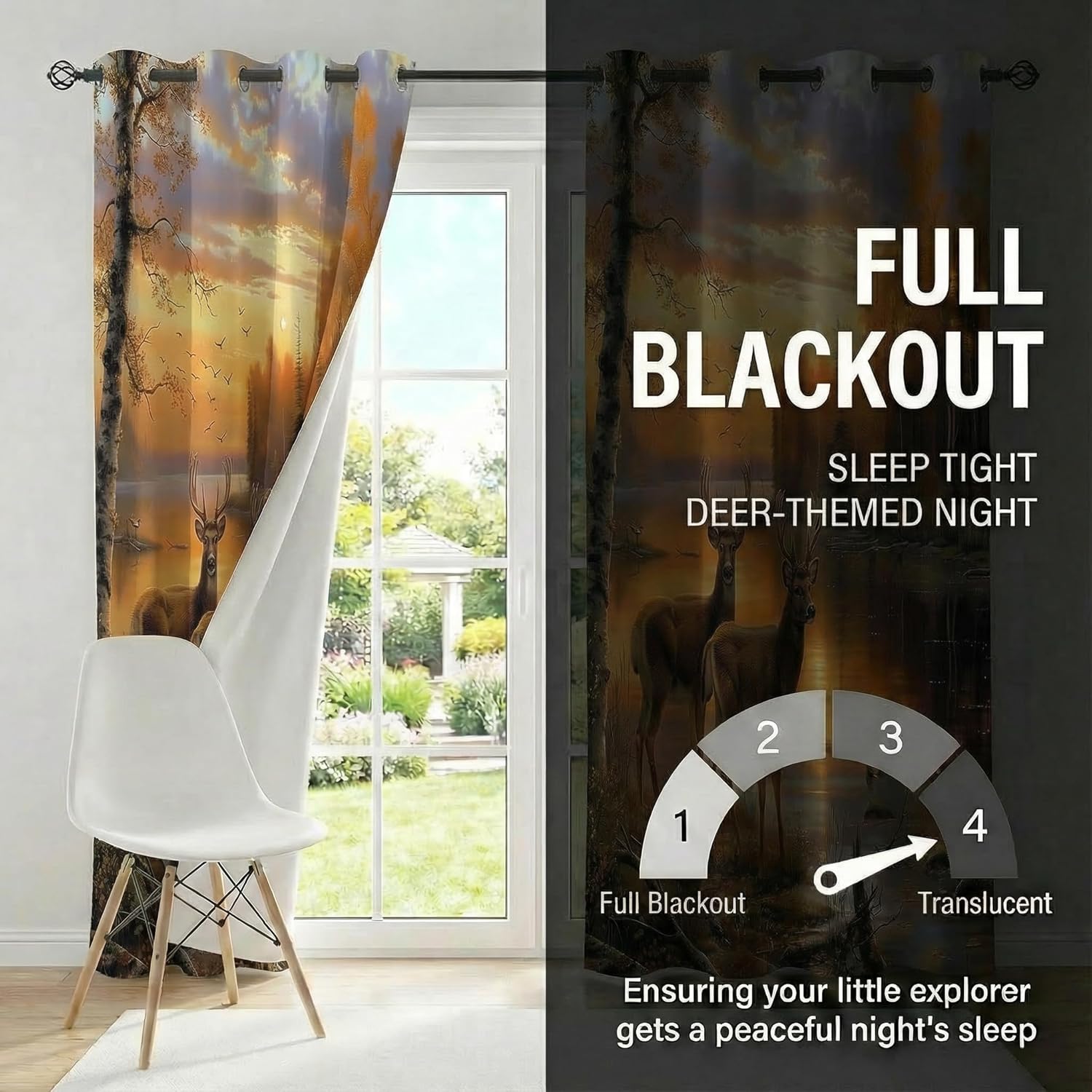 Rustic Autumn Deer Blackout Curtains for Bedroom, Woodland Wildlife Cabin Window Drapes, Whitetail Hunting Grommet Thermal Insulated Curtains for Living Room, 42 x 45 Inch, 2 Panels