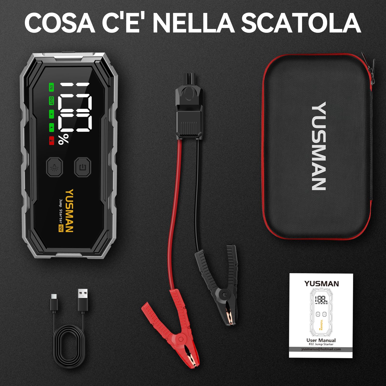 YUSMAN Booster Avviamento - 9000A Portatile Avviatore di Batteria Auto 12V (fino a ALL Gas/10.0L Diesel), Avviatore di emergenza per Auto con cavo di sicurezza, LED, 5 V/3A F02