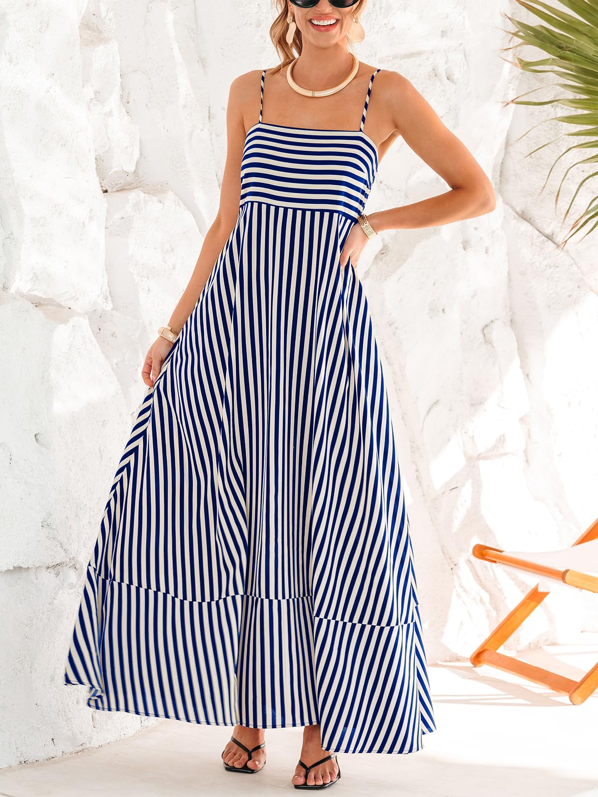 CUPSHE Robe longue d'été décontractée sans manches avec poches et col carré pour femme