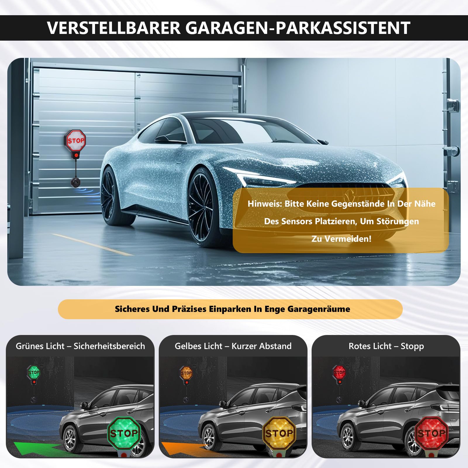 Sensore di parcheggio a ultrasuoni, aiuto parcheggio, garage, misurazione precisa della distanza, segnale di avvertimento a LED, indicatore acustico, regolazione automatica della distanza