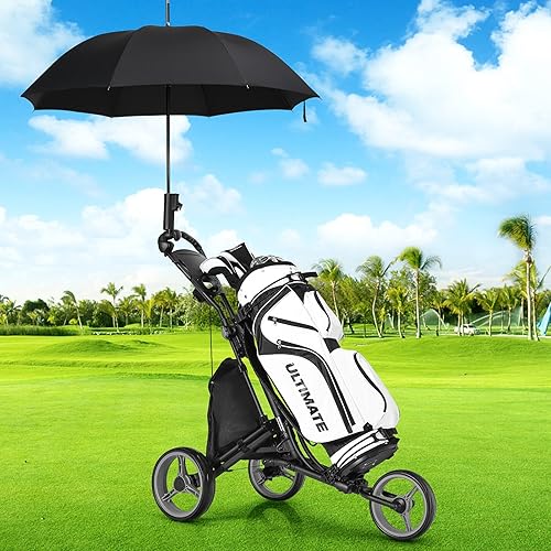 Miniatura 9 de GYMAX Carrito de golf, 3 ruedas de aluminio plegable de altura ajustable con soporte para paraguas y bolsa impermeable, portátil, ligero, de