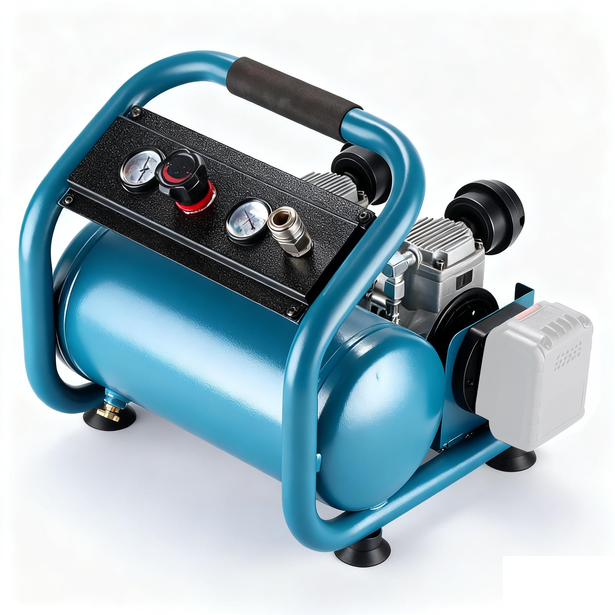 Compresor silencioso de aire comprimido compatible con Makita de 18 V | (On Akku), compresor de aire portátil, presión de trabajo de 7,5 bares, capacidad de botella de gas de 9 l