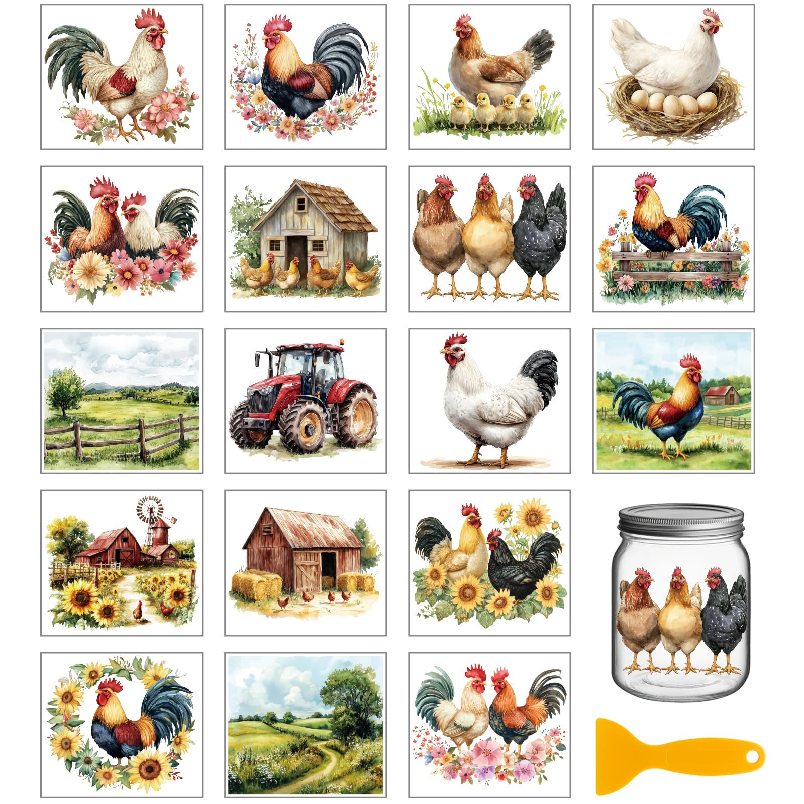 GLOBLELAND 18 Sheets Farm Chicken Transfer Stickers 3.9x3.6inch Rooster Colorful Transfer Decal House Truck Rub on Transfer for Furniture Vase Glass Art Crafts Decorations