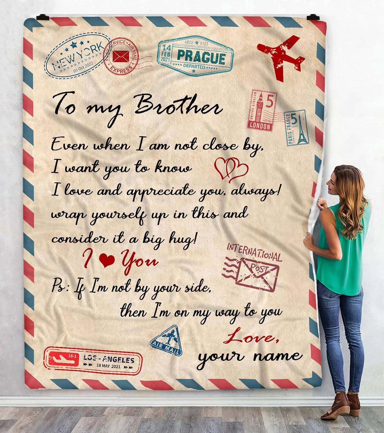 Personalized Air Mail Letter to My Brother Throw Blanket, I Love You Blankets, Gift to My Brother Blanket from Sister, Custom Gift to My Big Brother from Little Sister, Customized Name
