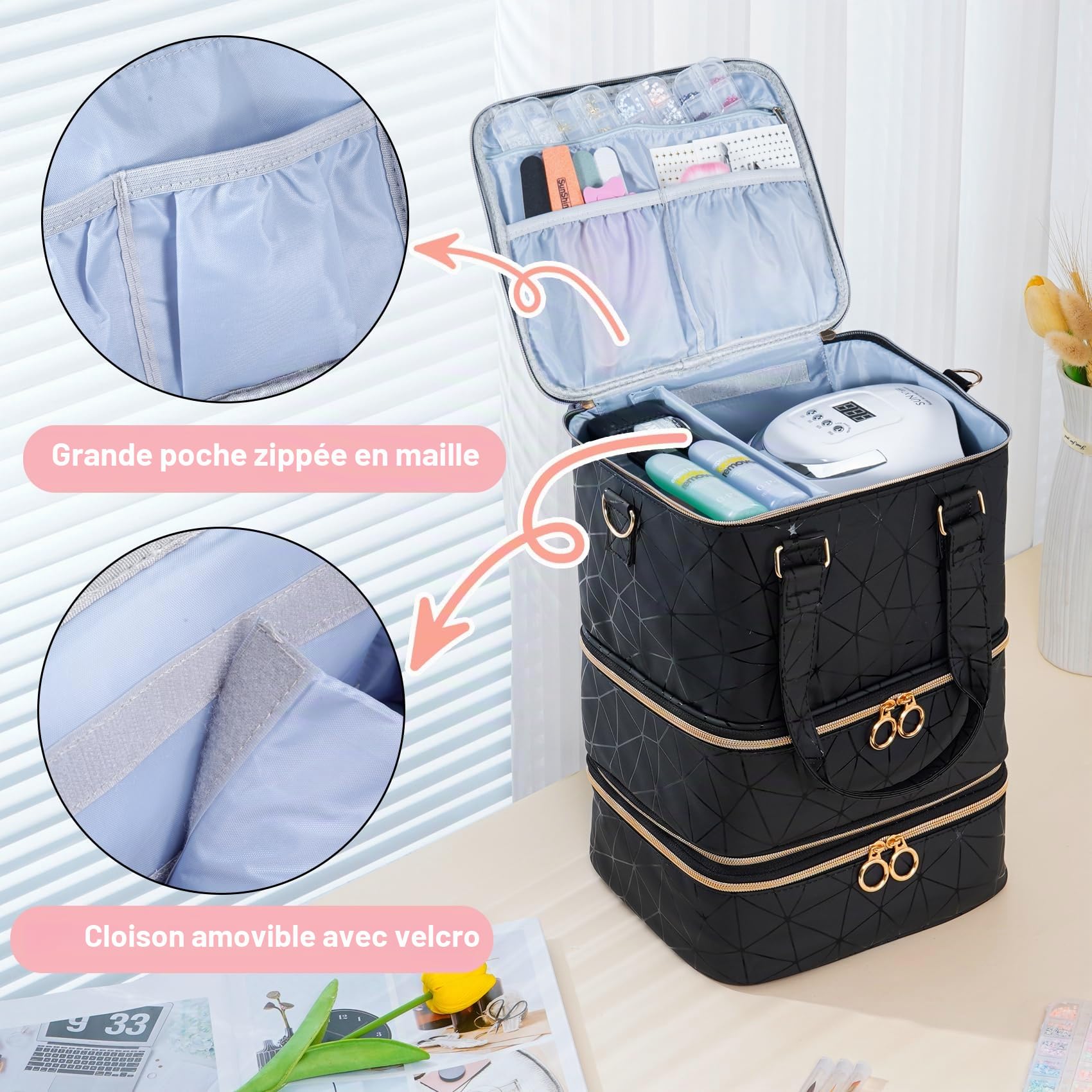 Uross Organisateur de Vernis à Ongles pour 60 flacons de Vernis à Ongles et 1 Lampe à Ongles LED, Sac de Rangement de Vernis à Ongles pour Accessoires de manucure（Noir）