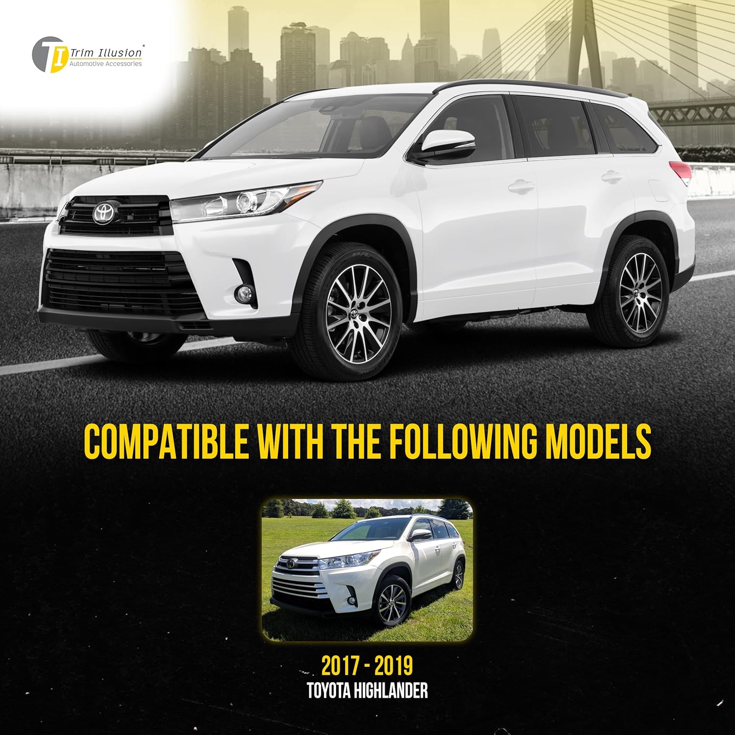 Chrome Delete Black Front Grille Overlay with Secure Adhesive Tape for 2017-2019 Toyota Highlander | Easy Installation - No Tools Needed | US Patented