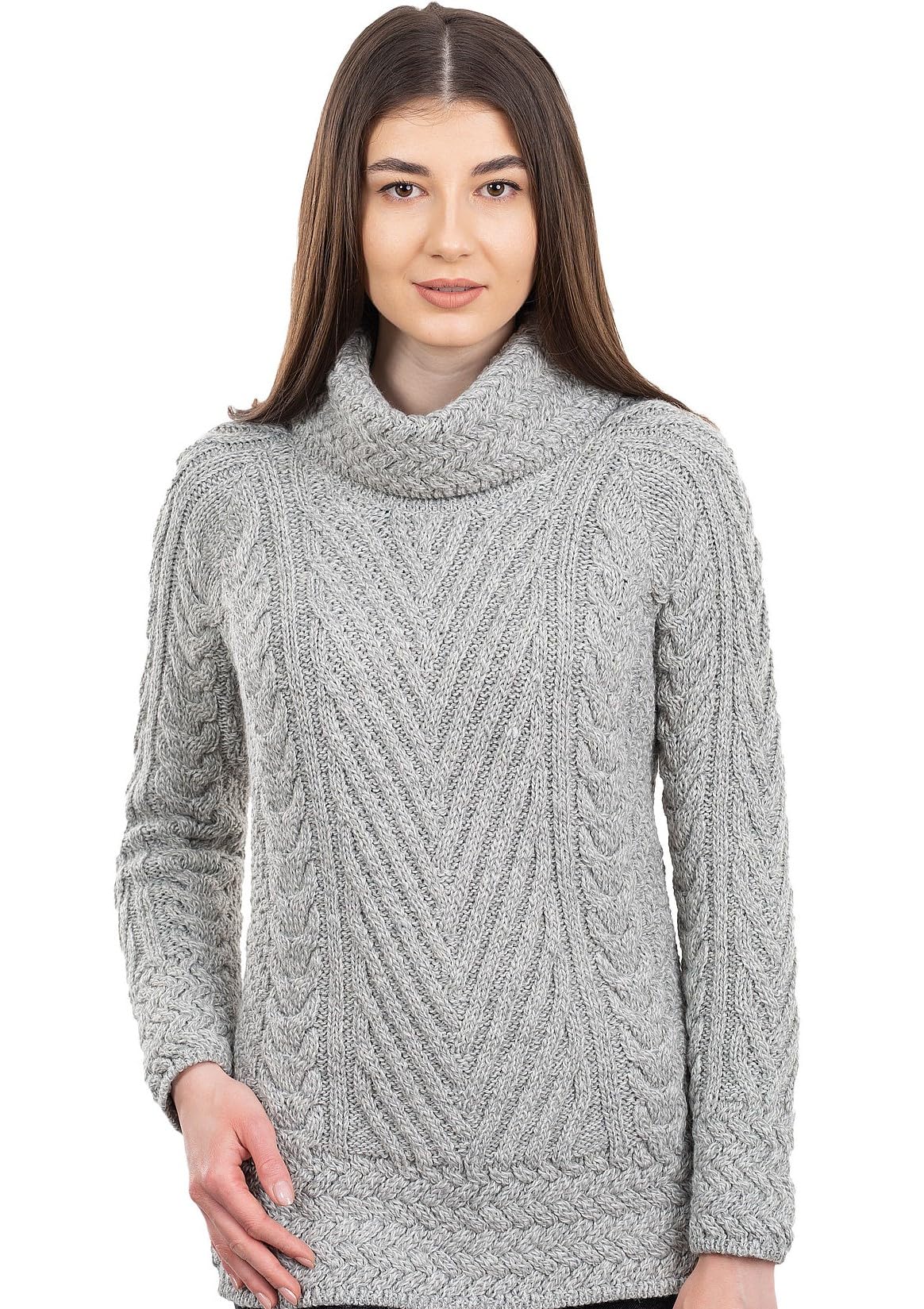 SAOL Maglione da donna lavorato a maglia irlandese a coste a collo alto