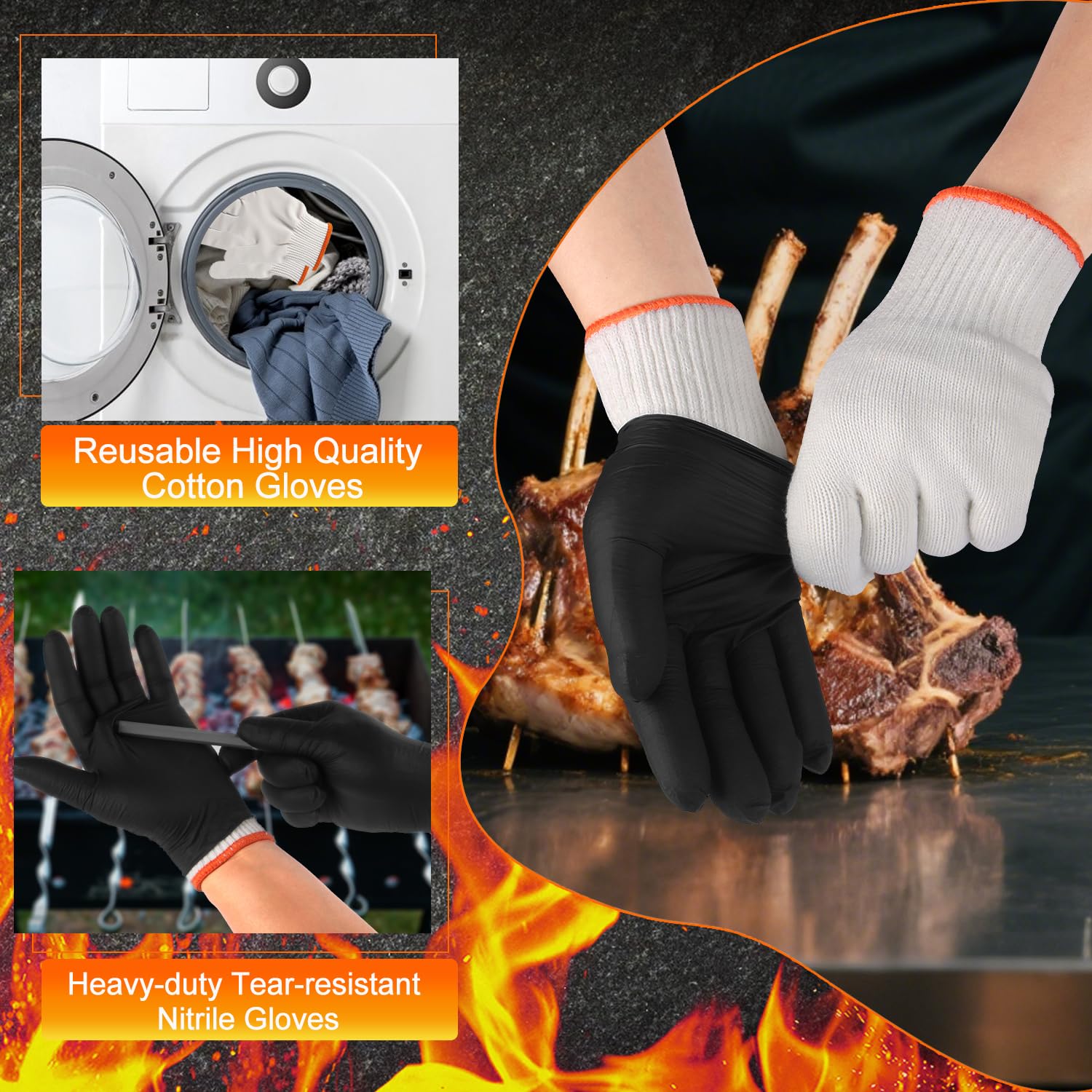 ANBOSON Guantes de barbacoa para cocinar, hornear a la parrilla, 100 guantes desechables de nitrilo y 4 forros de algodón lavables (nitrilo de 6 mil, grande)