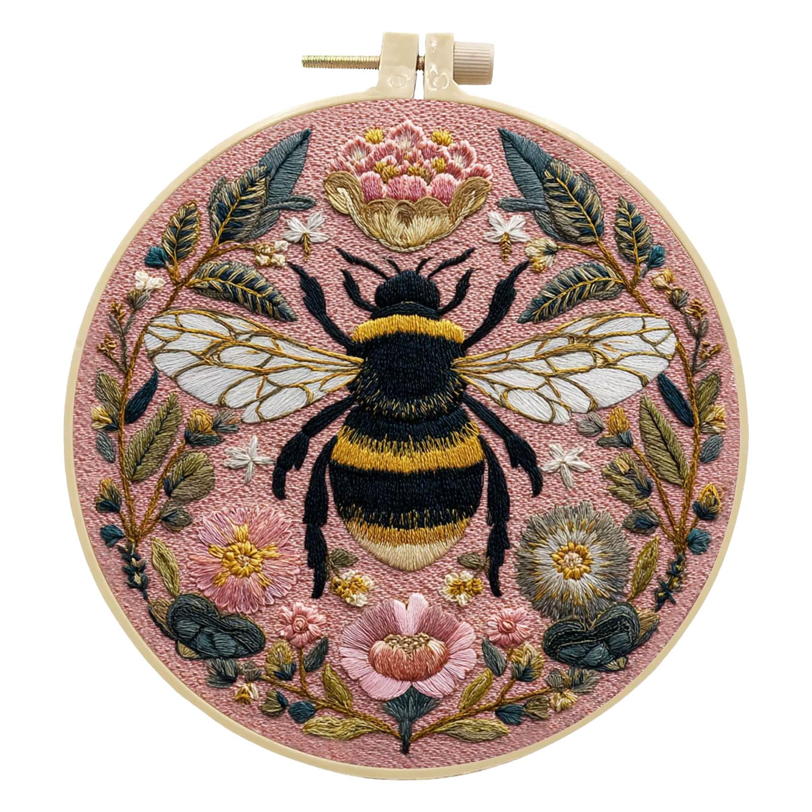 InteDesign Embroidery Kits for Beginners, DIY Embroidery Starter Kit with Elegant Pink Bee Flower Pattern Instruction,Bamboo Hoops, Threads and Needles (Bee Flower) โ image 1