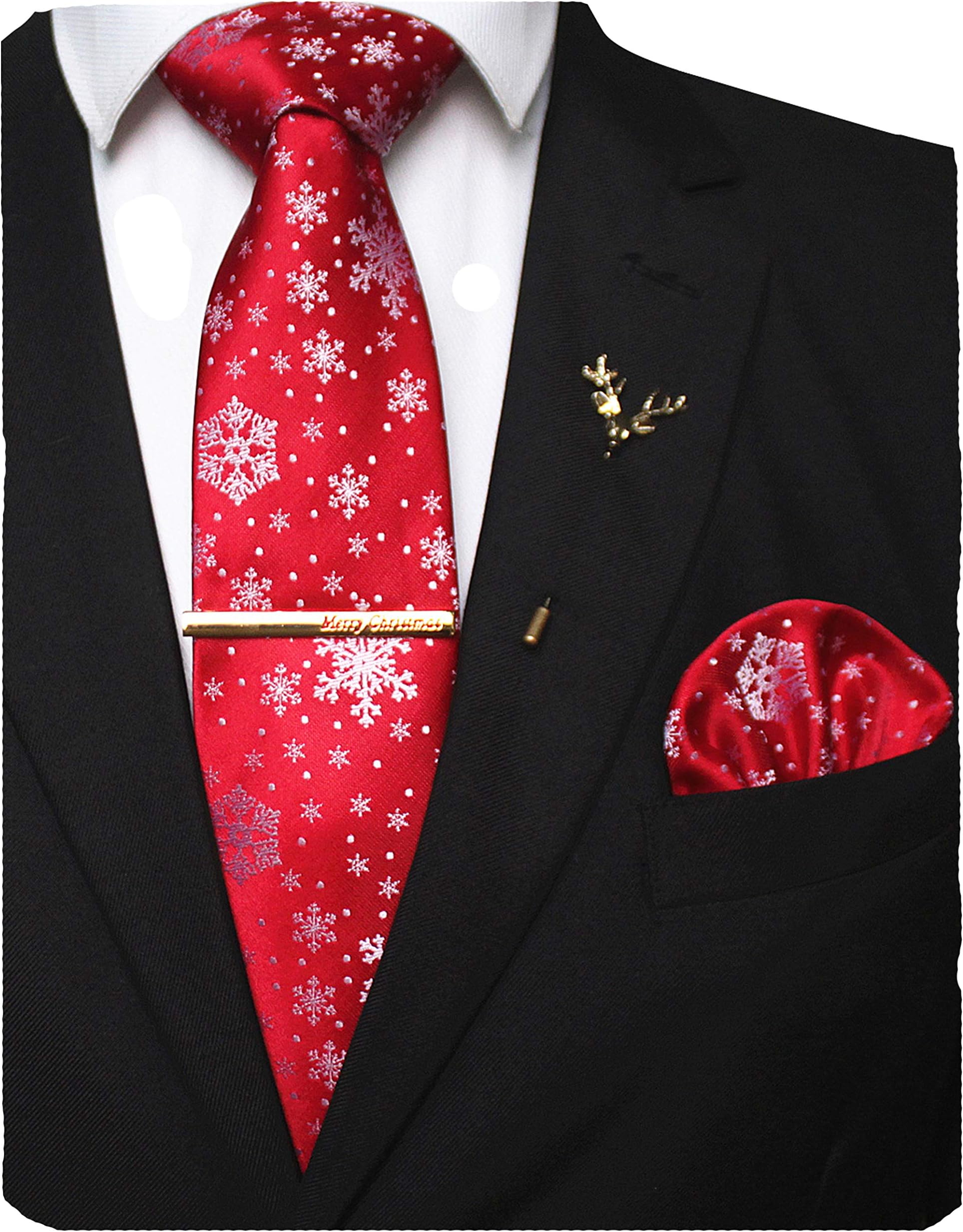 Festival Christmas Tie and Pocket Square with Tie Clip and lapel pin Set