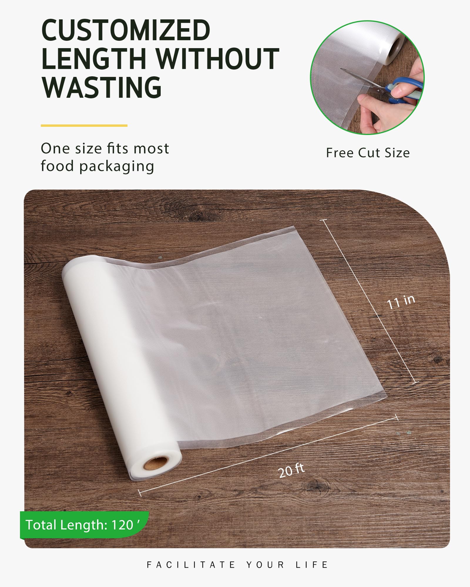 Syntus Bolsas selladoras al vacío para alimentos, 6 rollos de 11 pulgadas x 20 pies, rollos de bolsas de grado comercial, bolsas de vacío de alimentos para almacenamiento, preparación de comidas o al