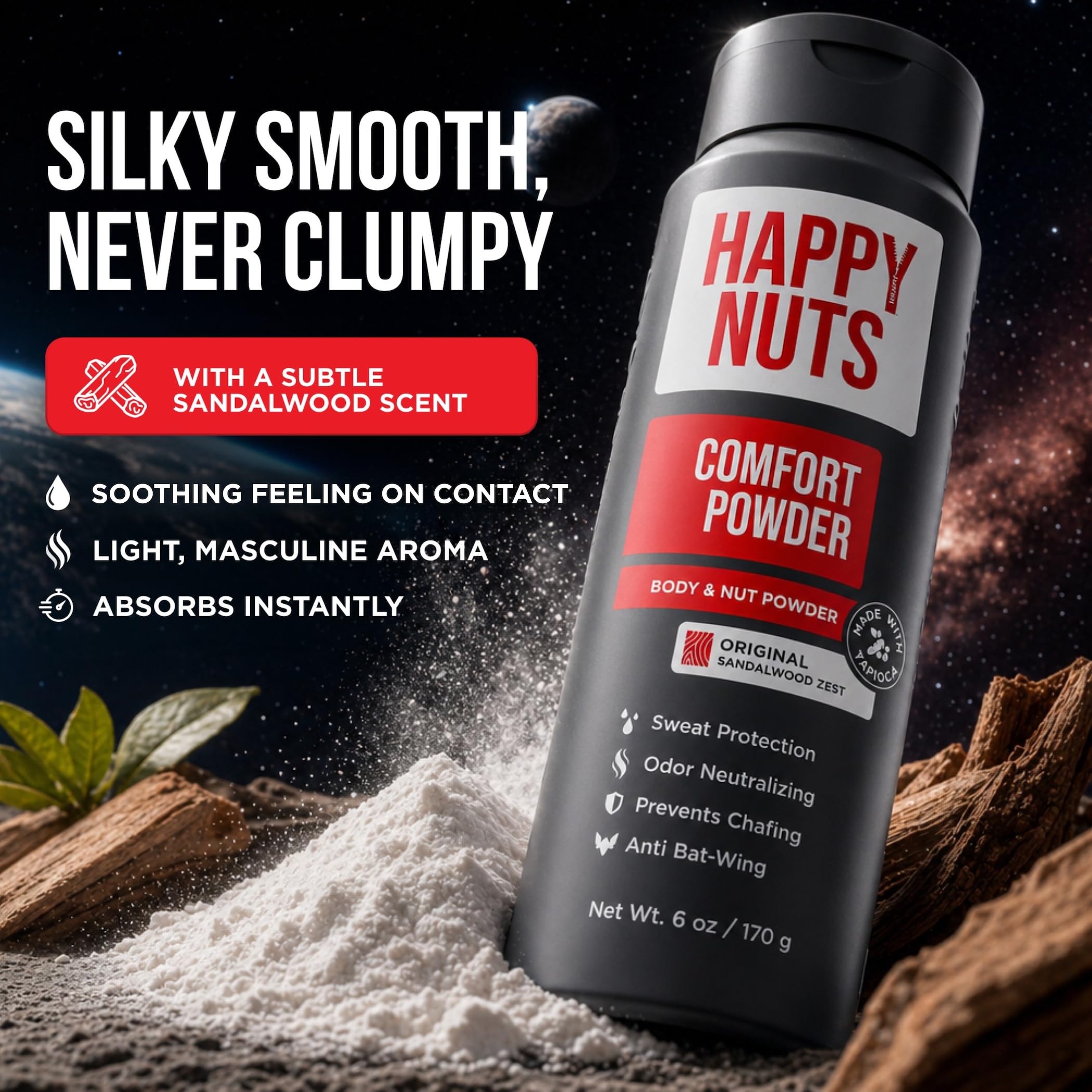 Happy Nuts Comfort Powder - Polvo antirozaduras, defensa del sudor y control de olores para la ingle, los pies y el cuerpo, polvo corporal para hombres (paquete de 2)