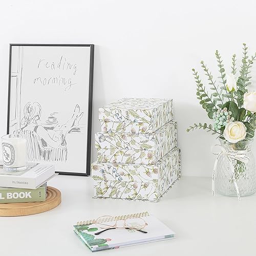 Miniatura 3 de Soul & Lane Cajas de almacenamiento decorativas de cartón, juego de 3 cajas de recuerdo con patrón floral con cierre magnético, almacenamiento de