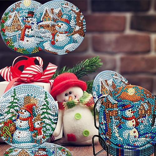 Miniatura 4 de 8 posavasos de pintura de diamante de muñeco de nieve de Navidad con soporte para bricolaje, lindo muñeco de nieve de Navidad, posavasos de