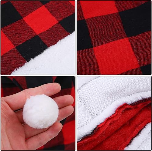 Miniatura 3 de Aneco Paquete de 4 sombreros de Papá Noel a cuadros rojos y negros, sombreros de Navidad a cuadros cortos de felpa con puños blancos para adultos y