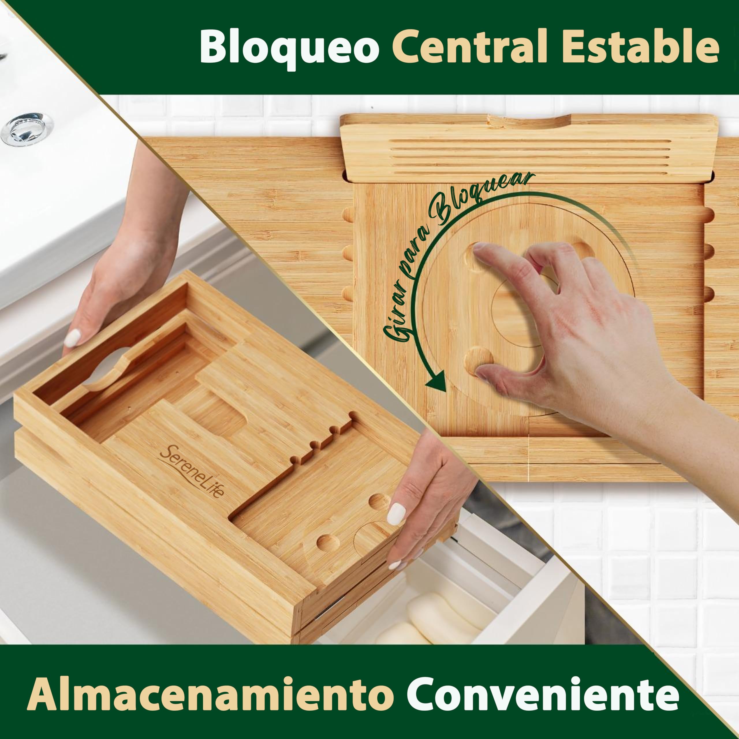 SereneLife bandeja para bañera, Plegable, Extensible de 30” a 43”, Ajustable, Baño, Soporte para copa de vino, Libro, Movil, Tablet, Facil almacenamiento