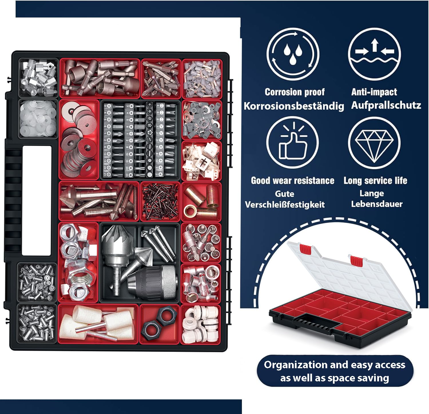 Scatola di assortimento con scomparti rossi rimovibili, ideale per piccole parti, attrezzi e organizzazione in plastica, set da 5 pezzi, 40 cm