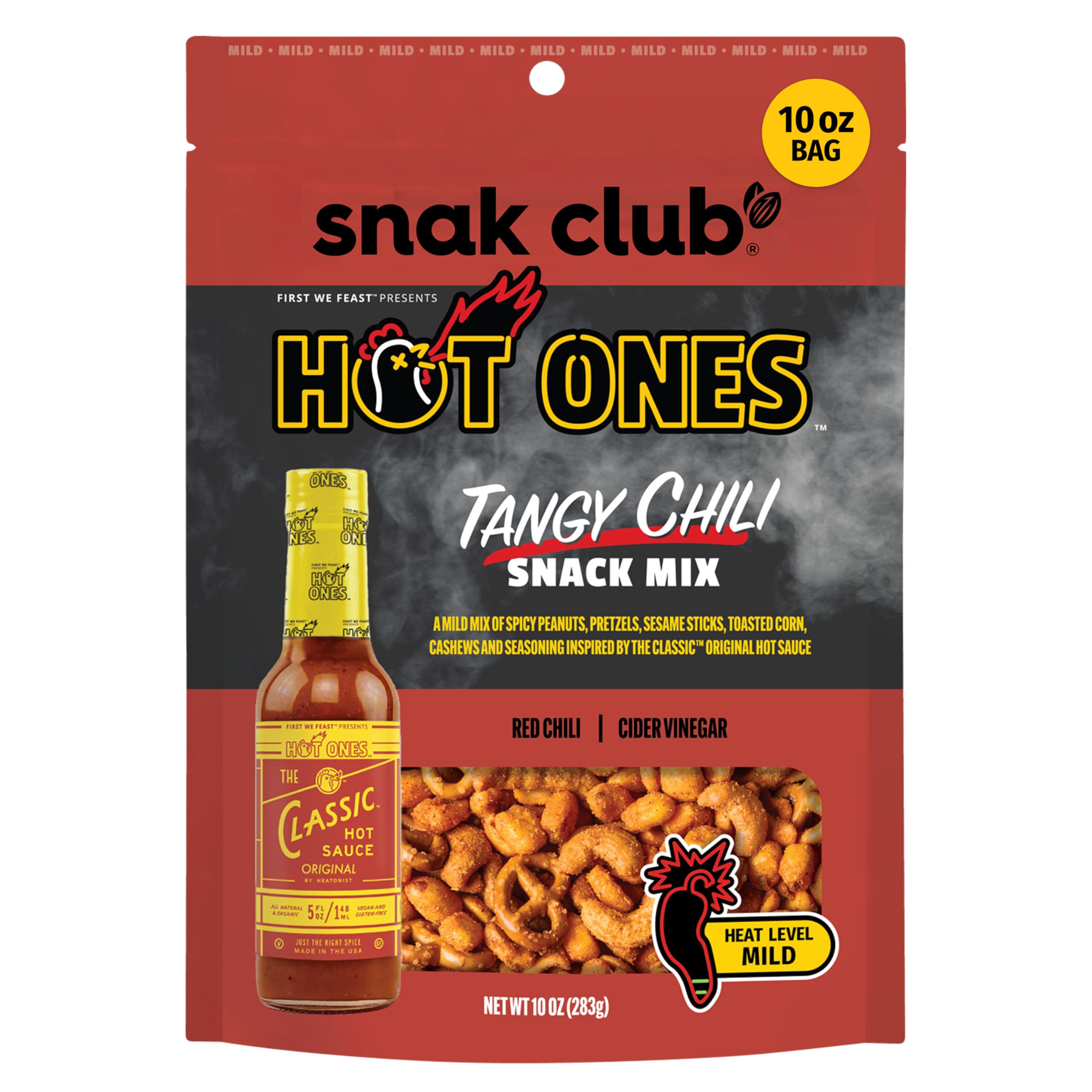 Snak Clubx Hot Ones Tangy Chili Snack Mix, Mild Spicy Snacks with Peanuts, Pretzels, Sesame Sticks, Toasted Corn & Cashews, Inspired by Hot Ones Hot Sauce, 10 oz Bag