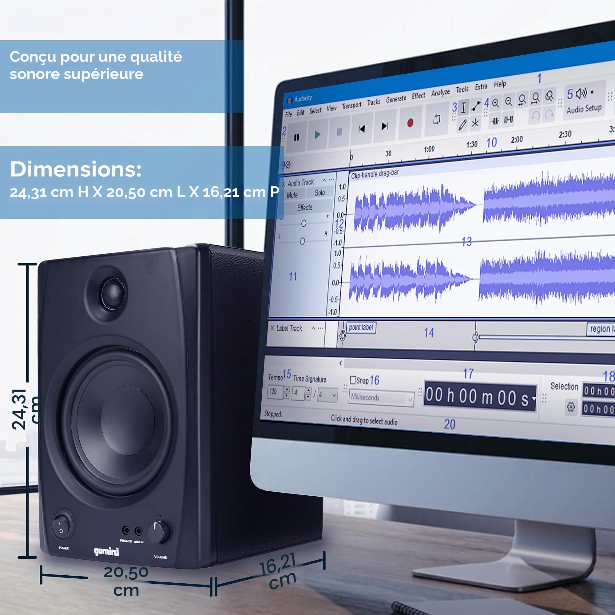Gemini Sound SMX-5BT Haut-parleurs de Studio 5" Bluetooth 200W crête Entrées TRS/RCA/AUX Réglage Acoustique Paire Active/Passive