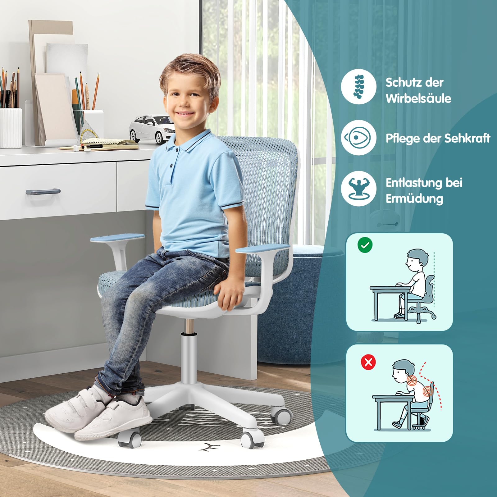 GOPLUS Schreibtischstuhl Kinder, Höhenverstellbarer Kinderdrehstuhl, Sitzhöhe 43-55cm, Bürostuhl mit Rückenlehne & Armlehnen & Rädern, Ergonomischer Kinderstuhl für Kinder 6-15 Jahre (Blau)