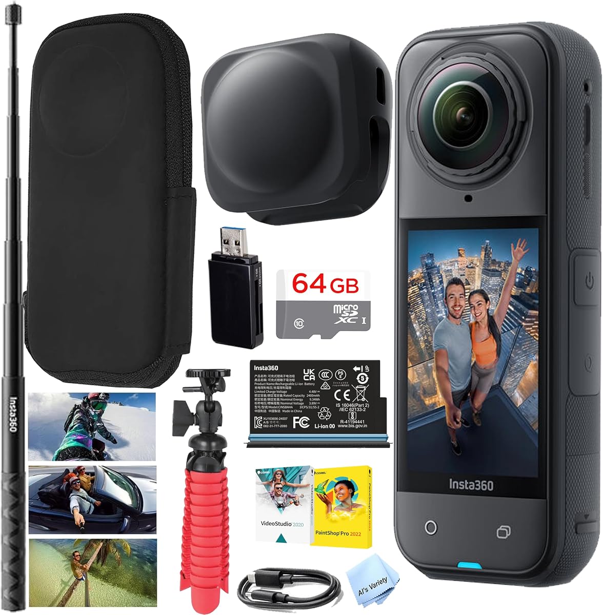 Cámara de acción X5 resistente al agua 8K 360°: rendimiento con poca luz, batería de 3 horas, estabilizada, paquete triple AI ChipPro: memoria de 64 GB, palo para selfies, trípode y más