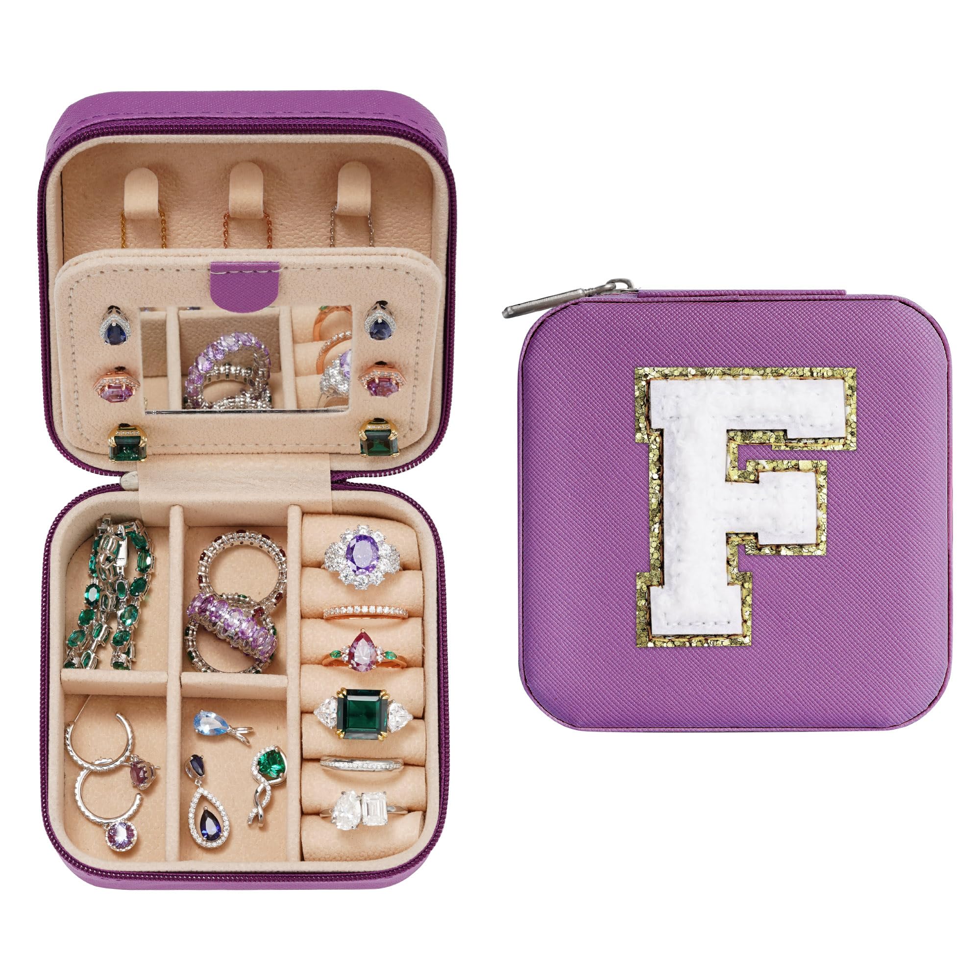 Parima Christmas Gifts for Mom - Small Travel Jewelry Box, Travel Jewelry Case with Mirror for Necklace Earrings Rings Organizer | Birthday Gifts Christmas Travel Gifts for Mom - Letter F, Purple