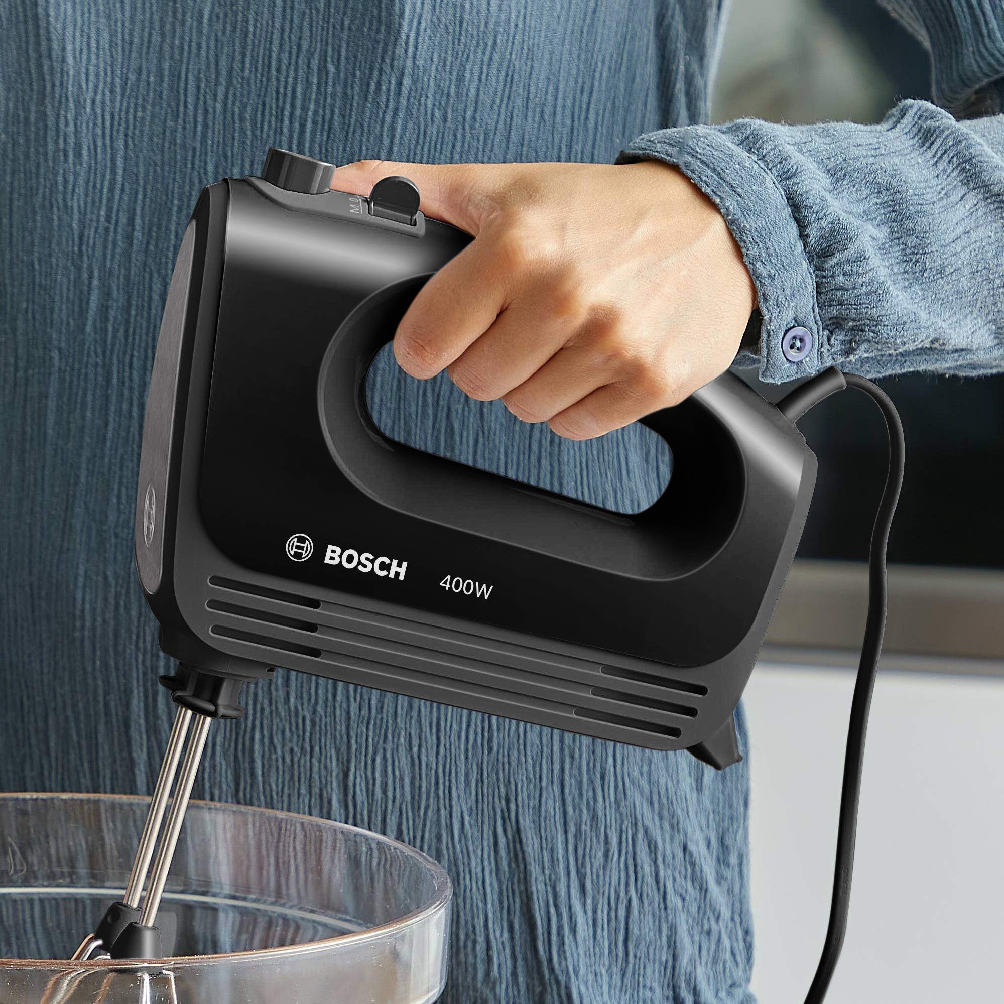 Bosch mfq2420b – Batidora (, 4 niveles de velocidad, moderna técnica del Motor, 2 Tubo escoba, 2 ganchos para amasar de acero inoxidable, 400 W, Piano Negro/Plata