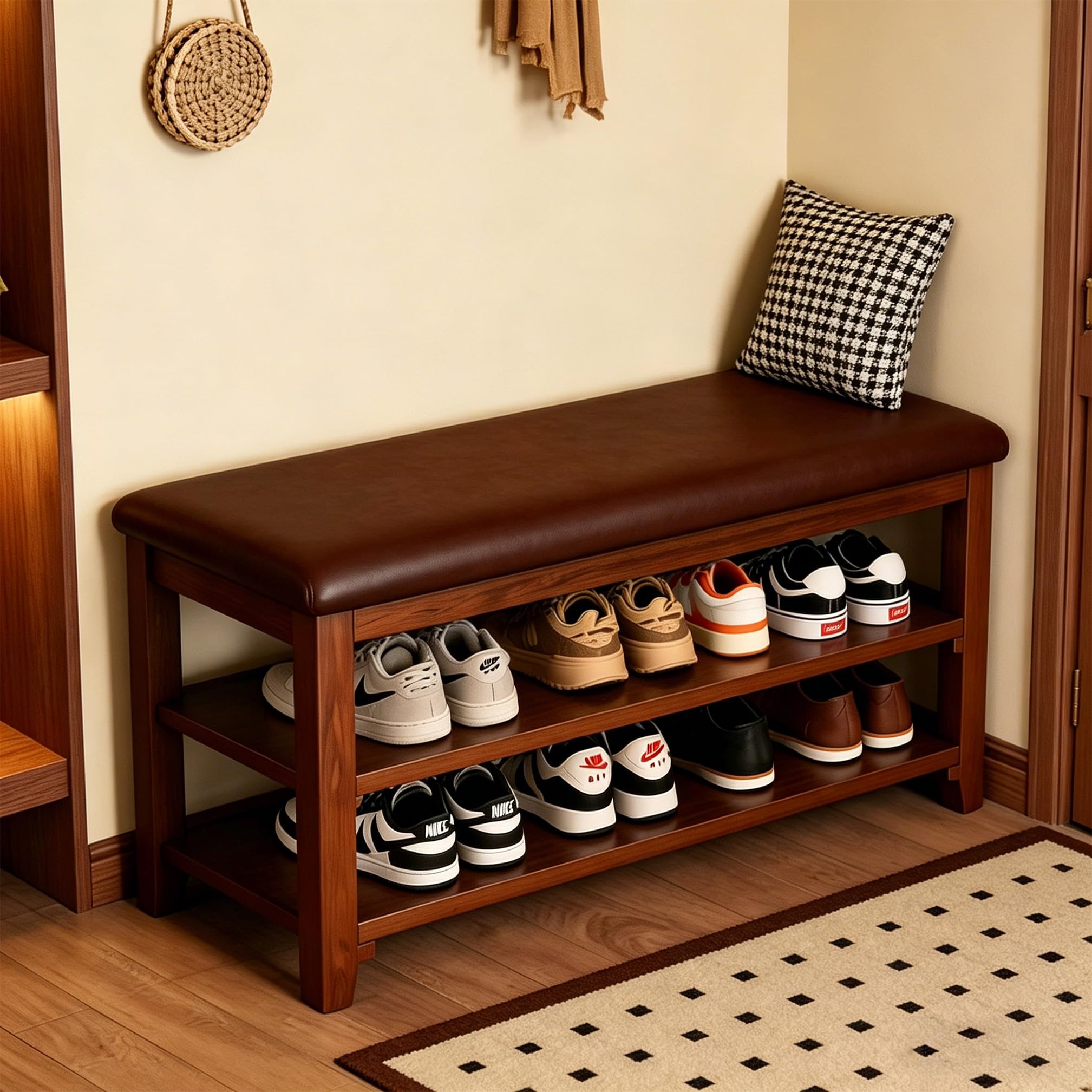 39 Inch Solid Wood Shoe Storage Bench, 2 Tier Shoe Rack with Hidden Storage, Living Room Lounge Hallway Bedroom, Walnut Color