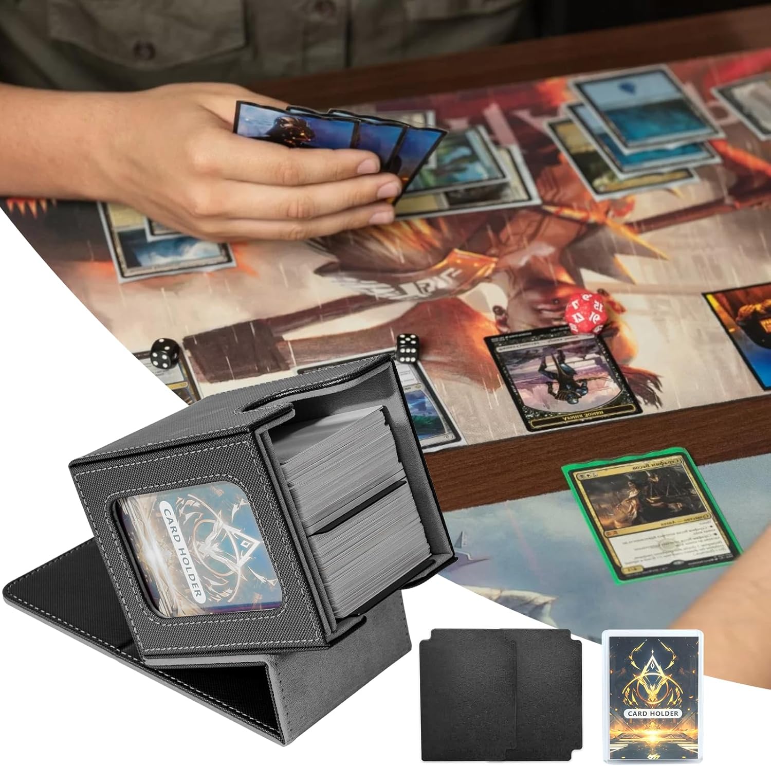 Card Deck Box for MTG Commander, Magnetic Card Display Case, TCG Card Storage Box, Holds 100 Double-Sleeved Cards, Black&Grey