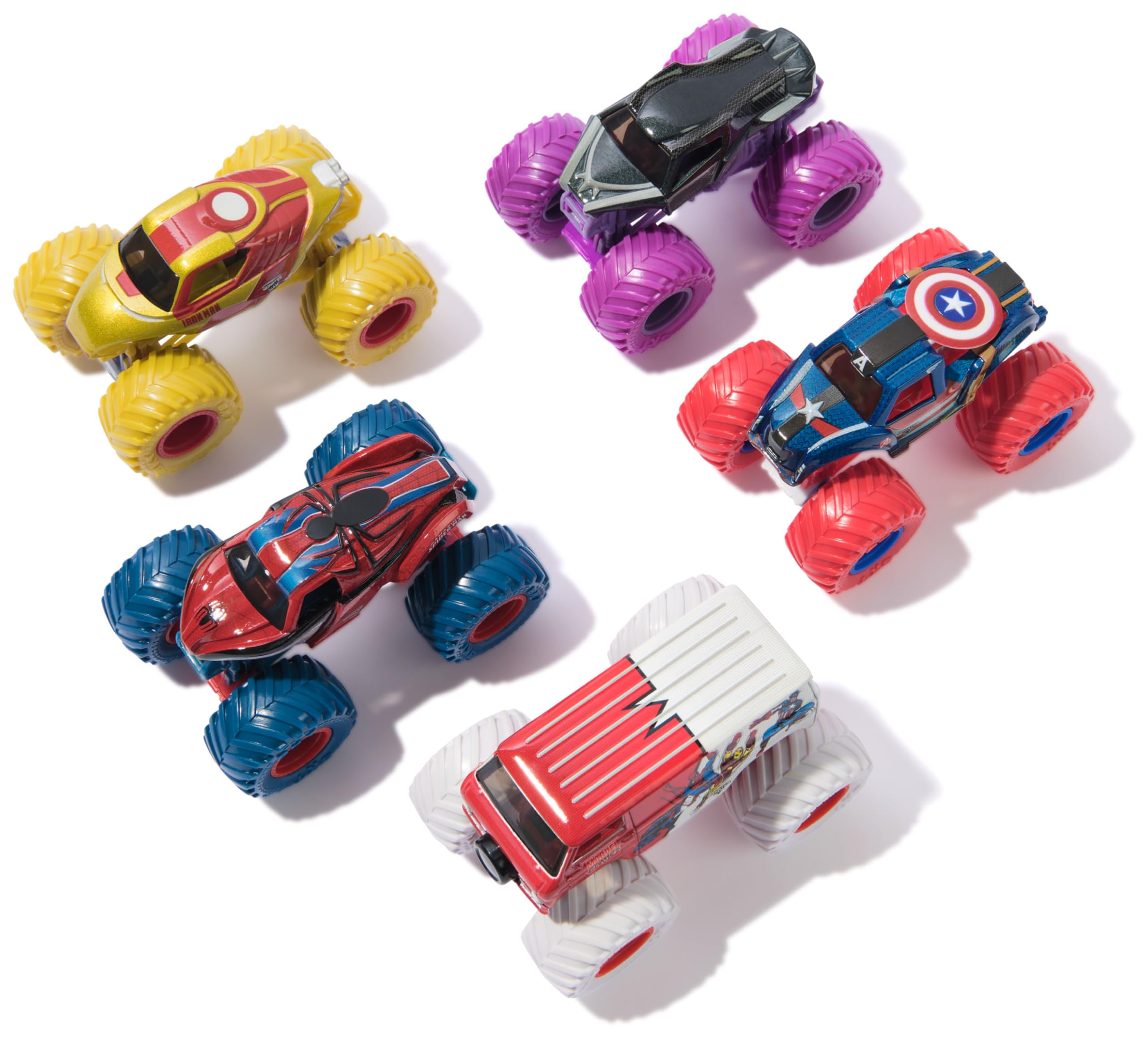 MONSTER JAM, Confezione da 5 Marvel Heroes, Spider-Man, Black Panther, Iron Man, Captain America | Veicoli Die-Cast, Giocattoli per Bambini e Bambine dai 3 Anni in su