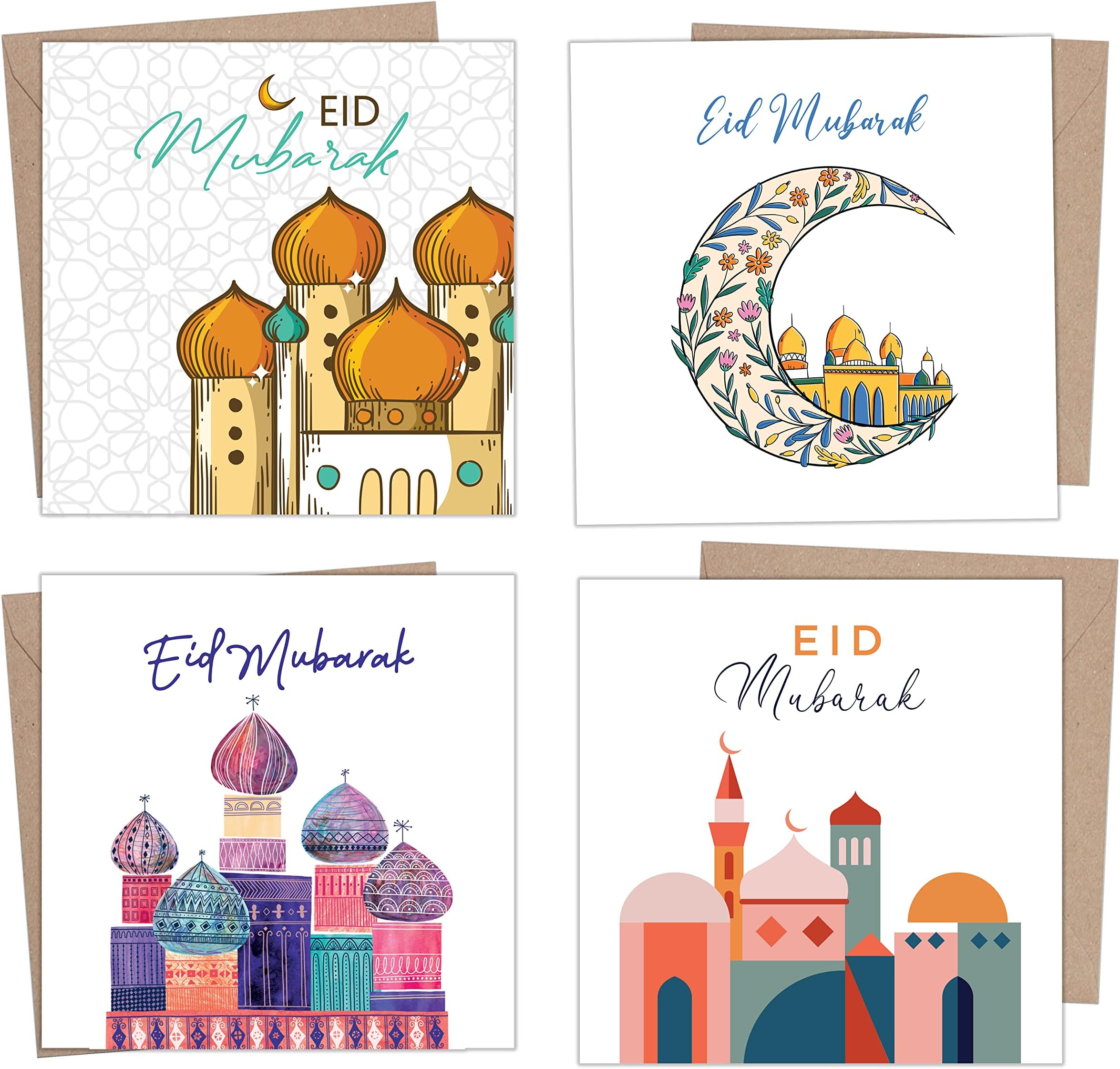 Eid Cards Pack of 4/12 with envelopes - Eid Mubarak Cards multipack greetings cards - Eco Friendly card for kids and Family - Made in the UK