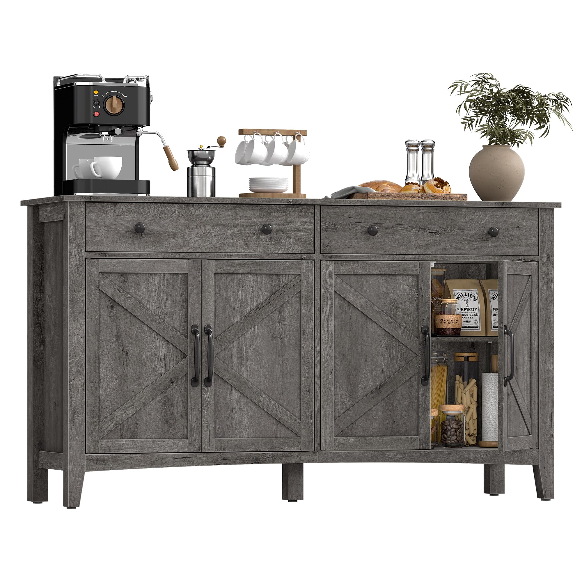 vasagle liry collection - buffet cabinet, coffee bar cabinet with 2 drawers, adjustable shelves, sideboard storage with cable holes, drawer dividers, misty gray ubbk381gw01s