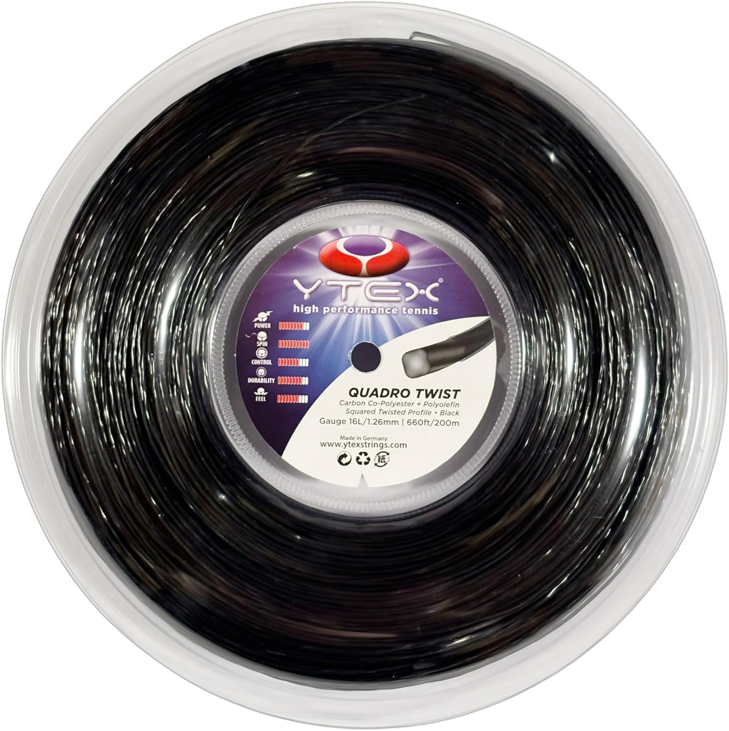YTEX Quadro Twist Black Tennis Racquet String - Set and Reel (16g)
