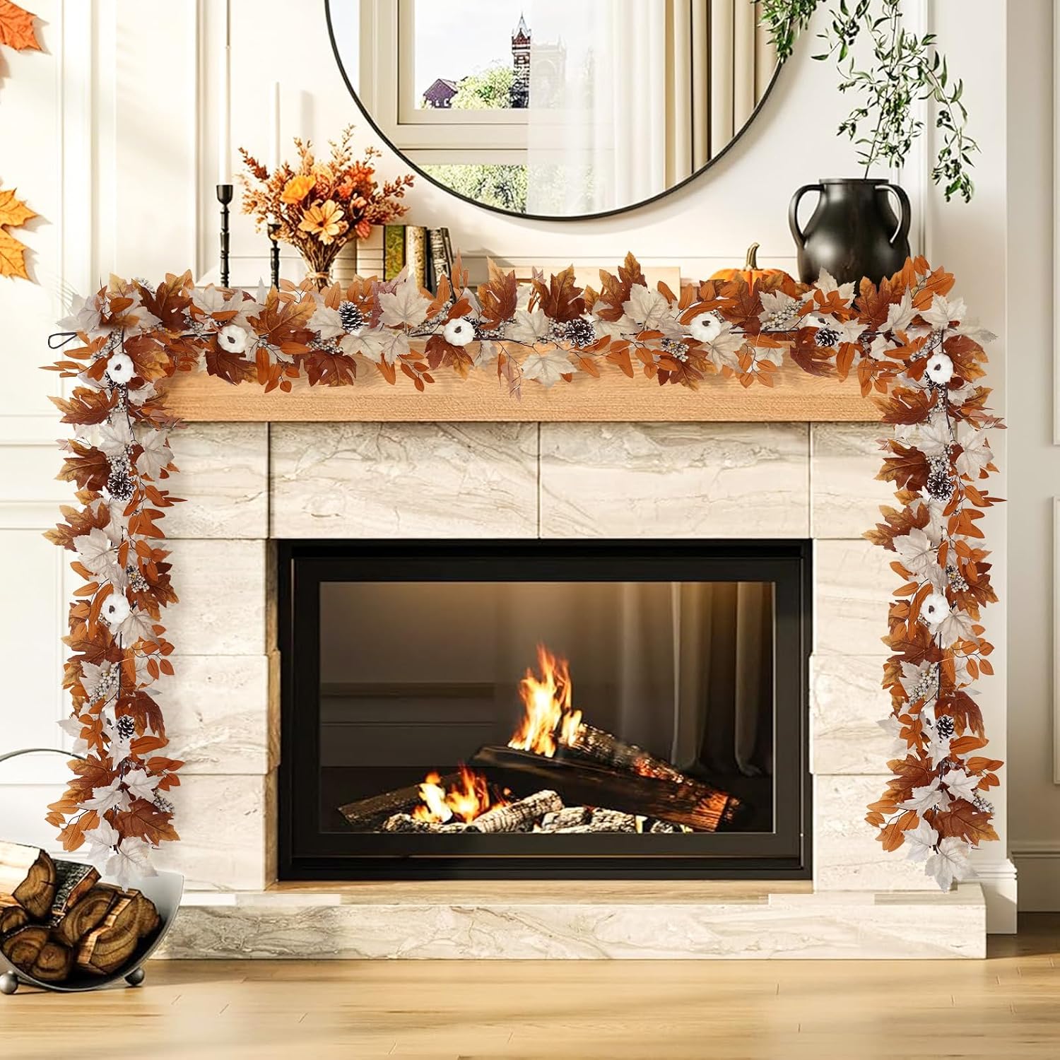 6 Ft Fall Garland with Lights, Thanksgiving Mantel Decor | 30 Warm LED Lights, 6H Timer, Maple Leaves, Pumpkin, Berries and Pine Cones, Fireplace, Porch Table Autumn Decor