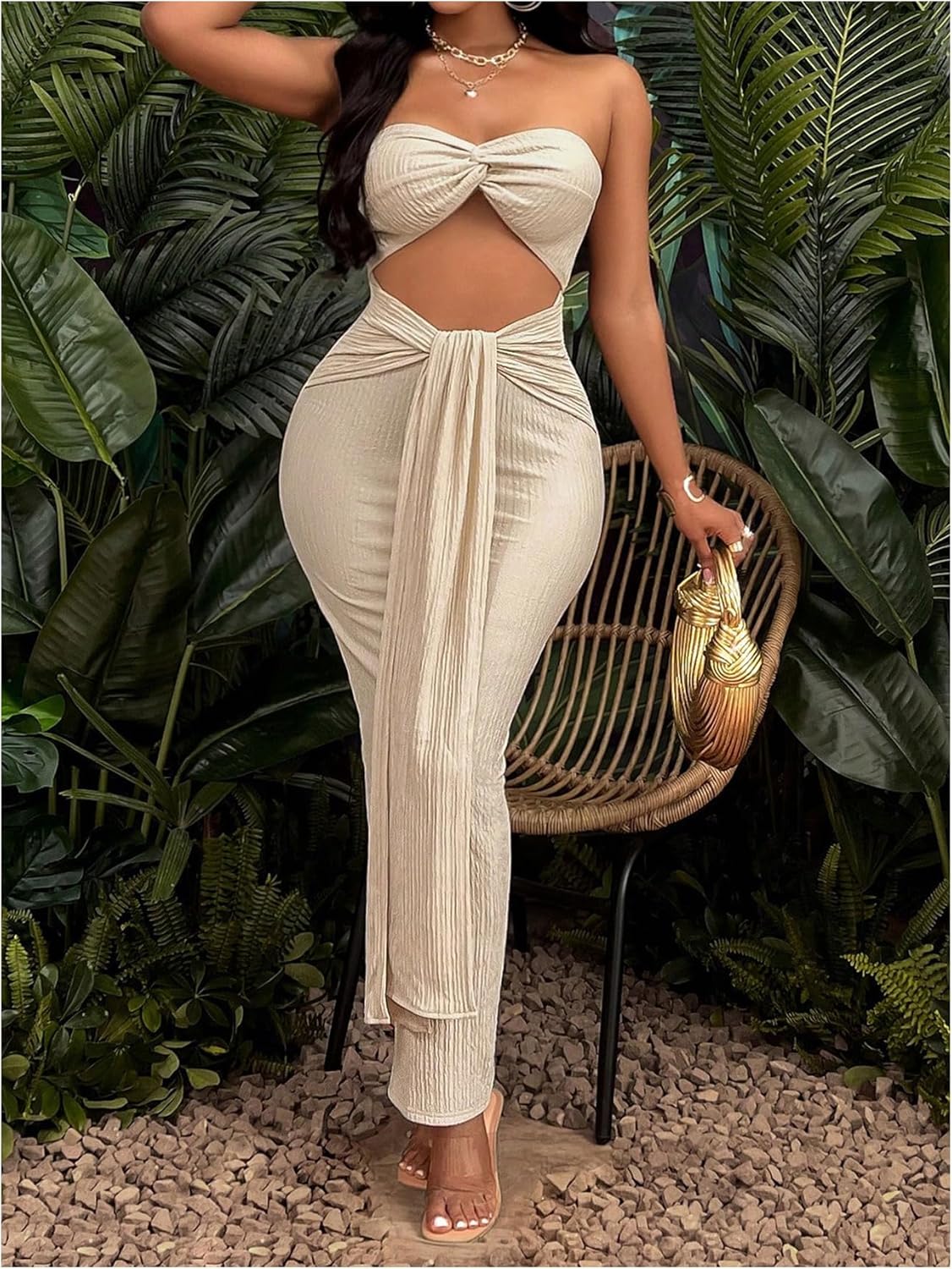 SOLY HUX Women's Twist Cut Out Bodycon Maxi Dress Strapless Sleeveless Tie Front Split Tube Dresses - Image 4