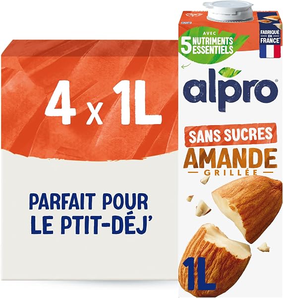 Alpro - Boisson Végétale - Lait d'Amande Grillée Sans Sucres - 1L - Lot de 4x1L - 1