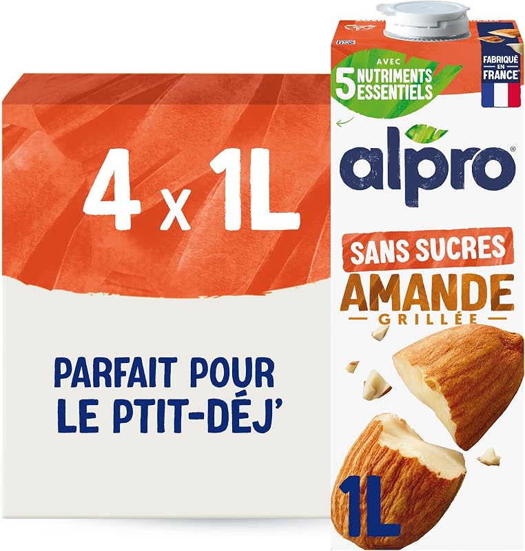 Alpro - Boisson Végétale - Lait d'Amande Grillée Sans Sucres - 1L - Lot de 4x1L