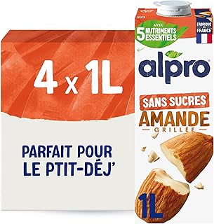 Alpro - Boisson Végétale - Lait d'Amande Non Grillée Sans Sucres - 1L - Lot de 4x1L