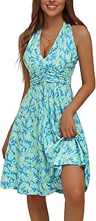 Women's Summer Sundress Sleeveless Halter Neck Spring 2025 Floral with Pocket Elastic Waist Ruffle Mini Dresses - Buy now