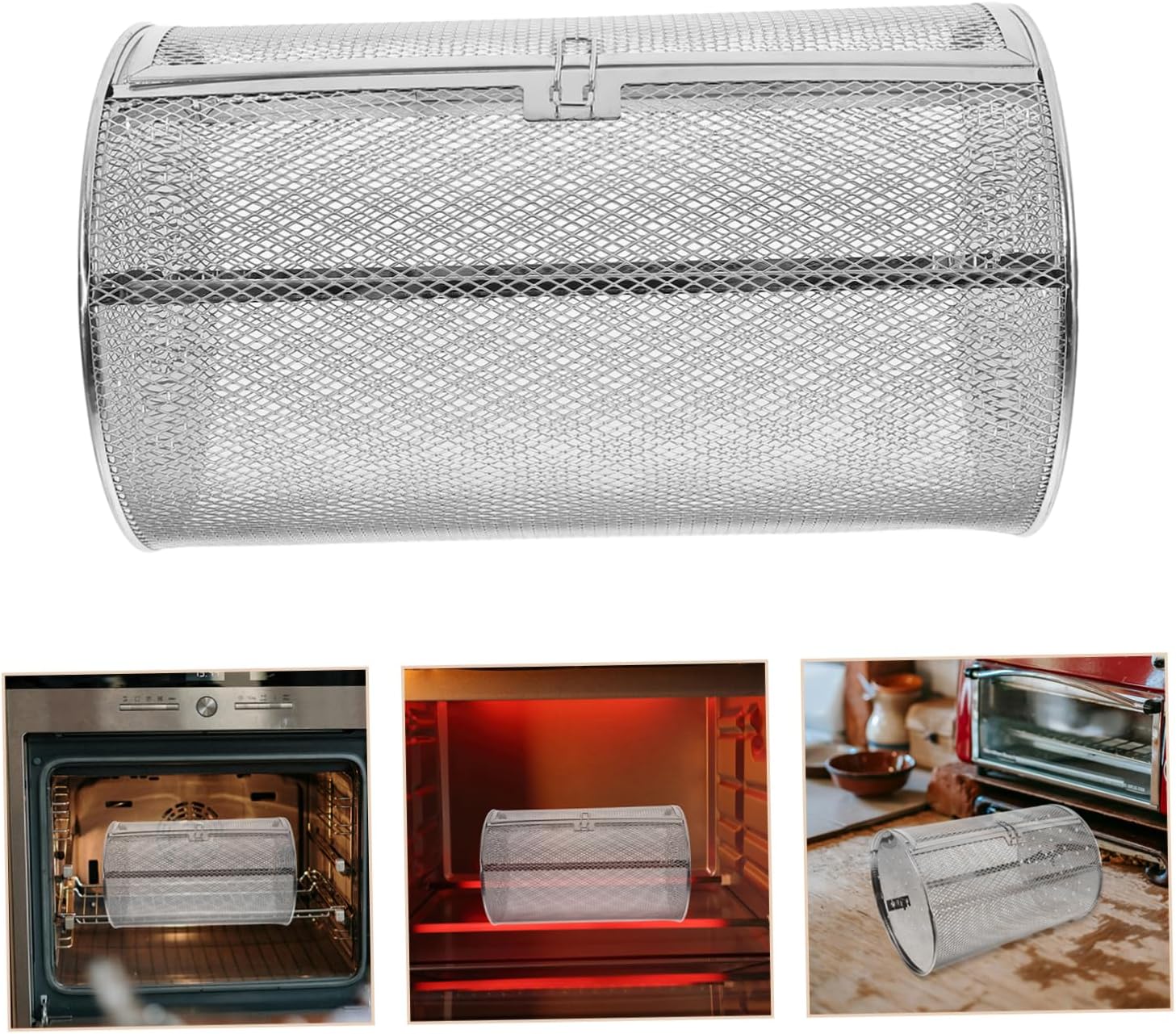 Stainless Steel Rotisserie Basket for Oven Electric Grill Cage Roaster with Door for Uniform Roasting of Nuts Vegetables Chestnuts and Sweet Potatoes Kitchen Rotating Kabob