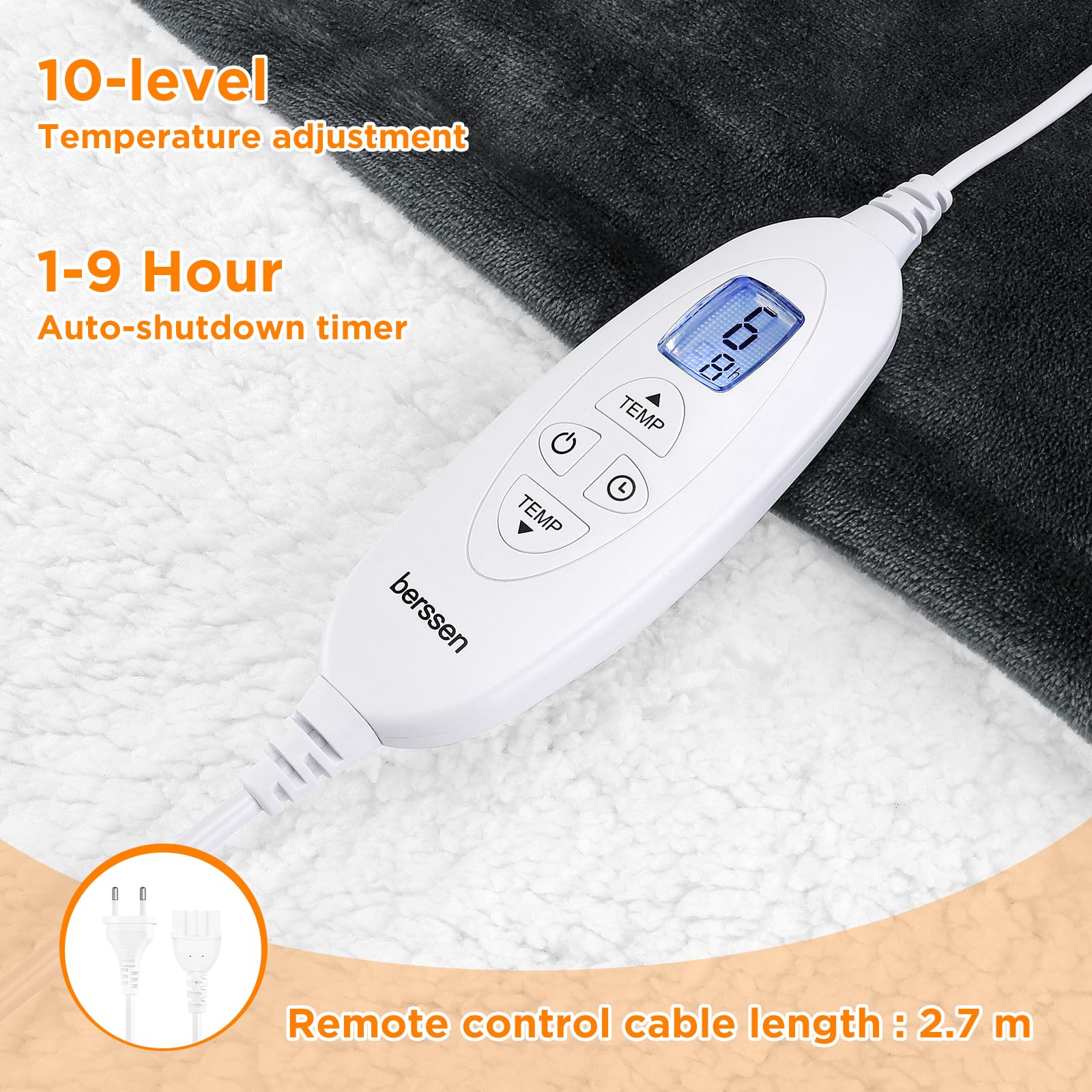berssen Heizdecke mit Abschaltautomatik,6 Heizstufen,1-9 Stunden Auto-Off-Timer Überhitzungsschutz,Elektrische Kuscheldecke für Home & Office, 130x180cm,Mix-Grau