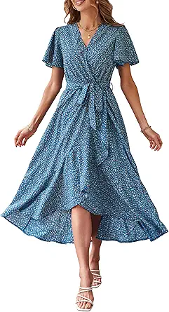 PRETTYGARDEN Women's Summer Floral Boho Maxi Dress Wrap Short Sleeve V Neck Ruffle A-Line Flowy Wedding Guest Long Dresses