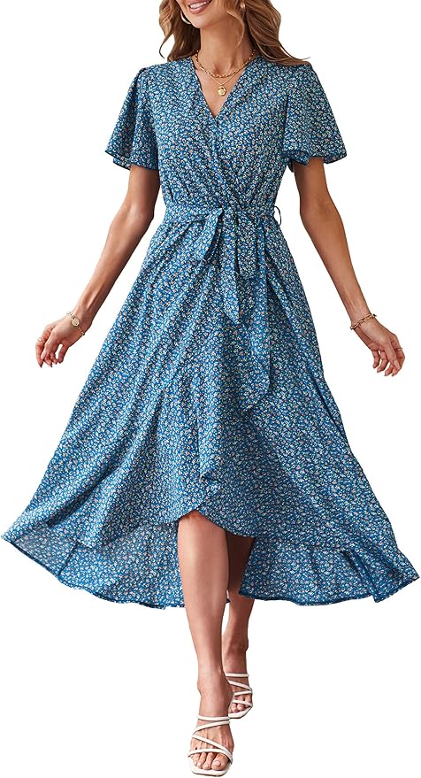 PRETTYGARDEN Women's Summer Floral Boho Maxi Dress Wrap Short Sleeve V Neck Ruffle A-Line Flowy Wedding Guest Long Dresses