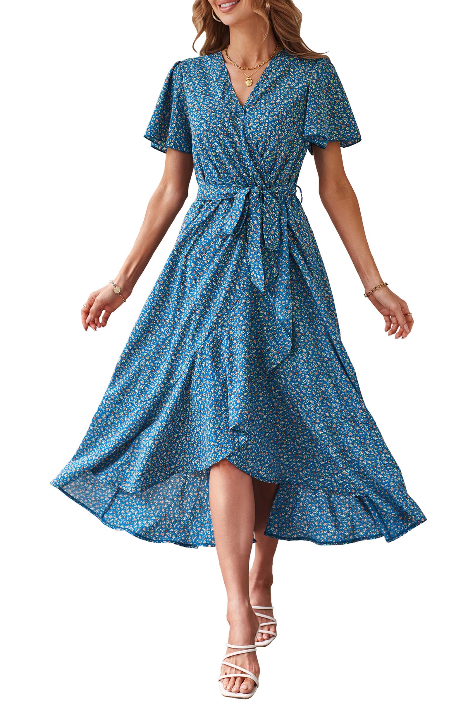 PRETTYGARDEN Women's Summer Floral Boho Maxi Dress Short Sleeve Wrap V Neck Ruffle Long Flowy Beach Wedding Guest Dresses