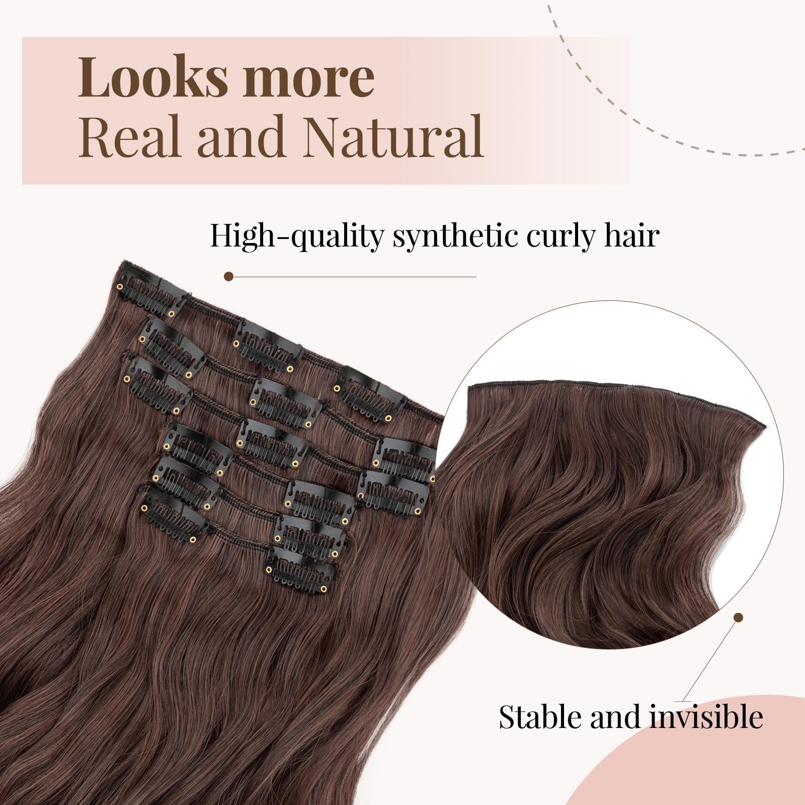 TESS Curly Hair Extensions Clip in 22 Inch 6PCS 16 Clips Heat Resistant Synthetic Wig Tangle-Free Double Weft Hair Pieces for Women UK 150g #2/33 Mix Dark Brown & Dark Auburn - Image 2