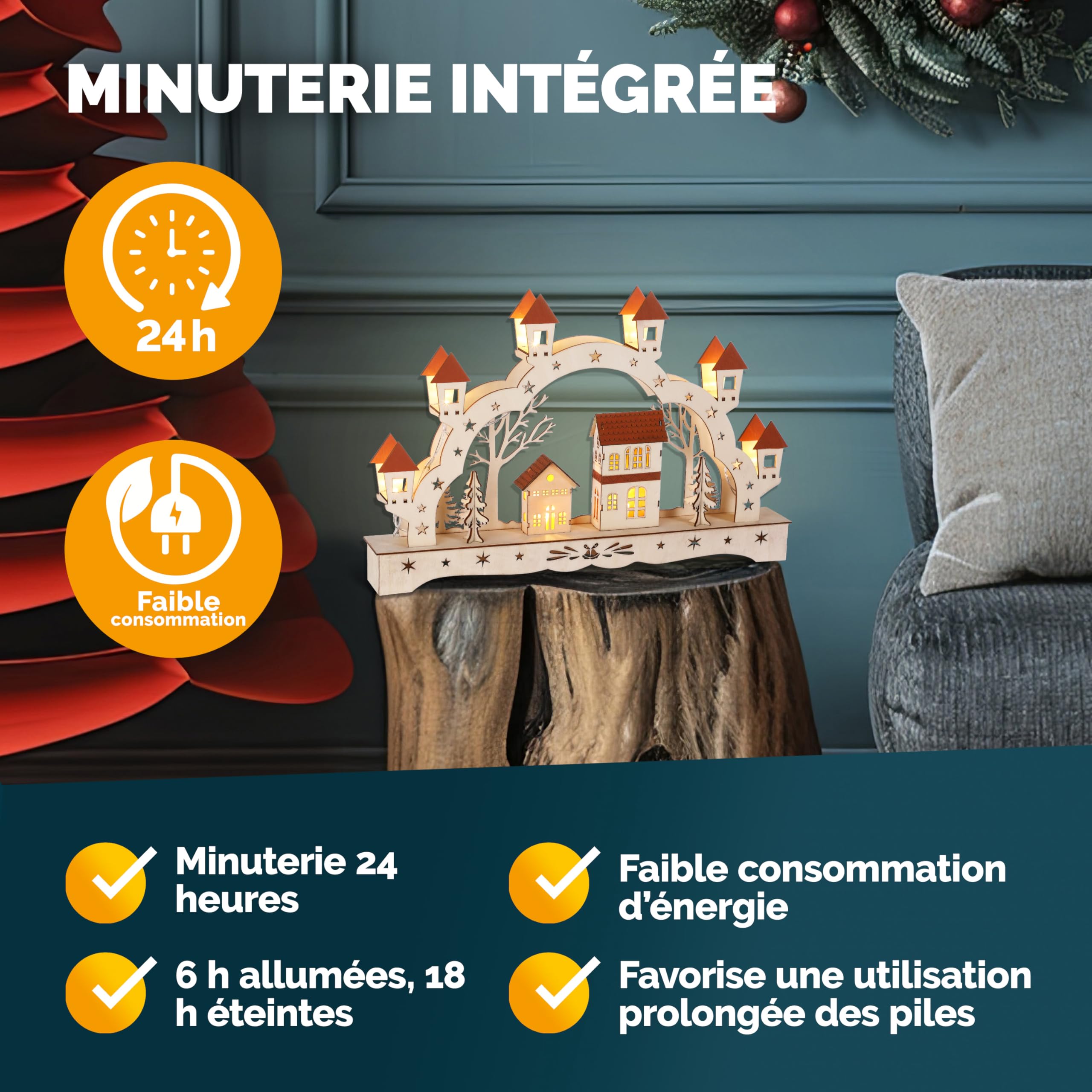 Monzana Arc Lumineux de Noël 'Paysage' à 8 LED décoration en Bois Illumination intérieur Effet 3D Arche Lumineuse fêtes