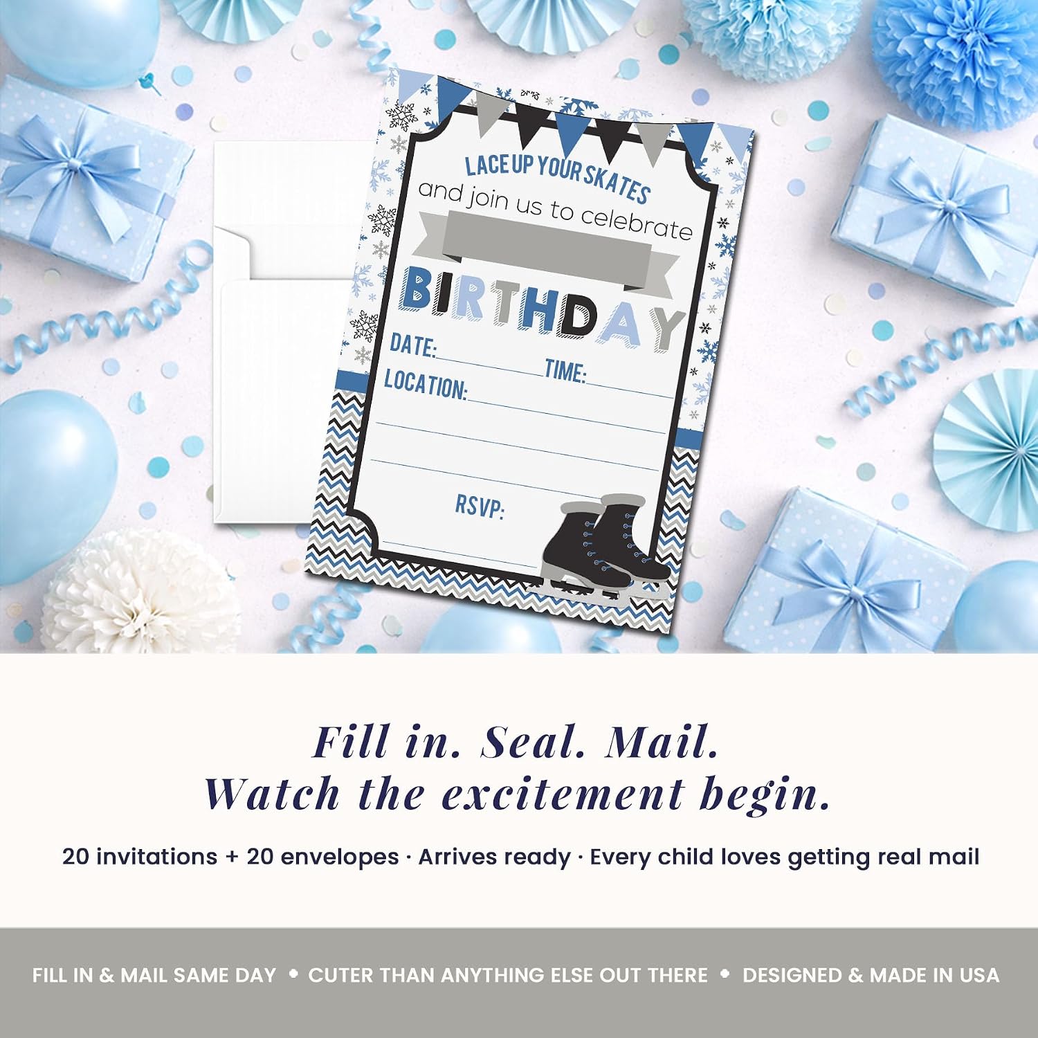 Ice Skating Birthday Invitations for Boys 20 Pack 5x7 Fill-In Cards with Envelopes, Kids Winter Celebration Stationery, Fun Snowy Design Party Invitations, Made in USA by Amanda Creation